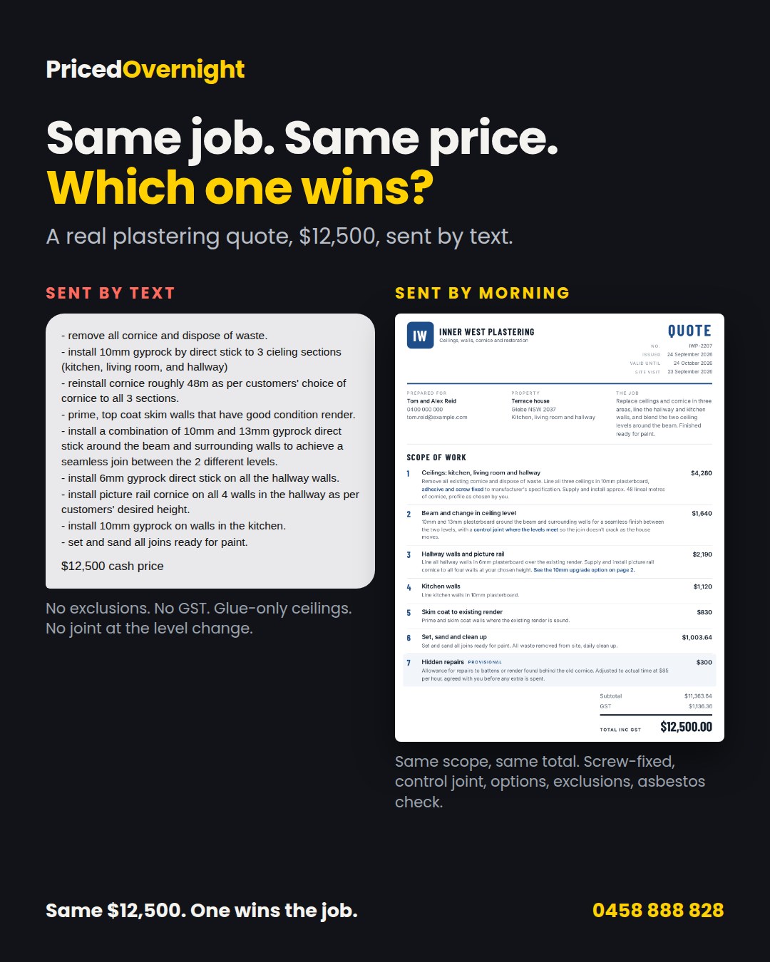 A plastering quote sent as a text message, next to the same quote rebuilt as a professional document